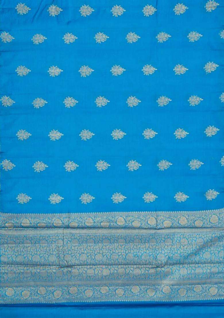 Sky Blue Woven Tussar Silk Saree With Floral Buttas With Buttas And Brocade Design For Women - Indya