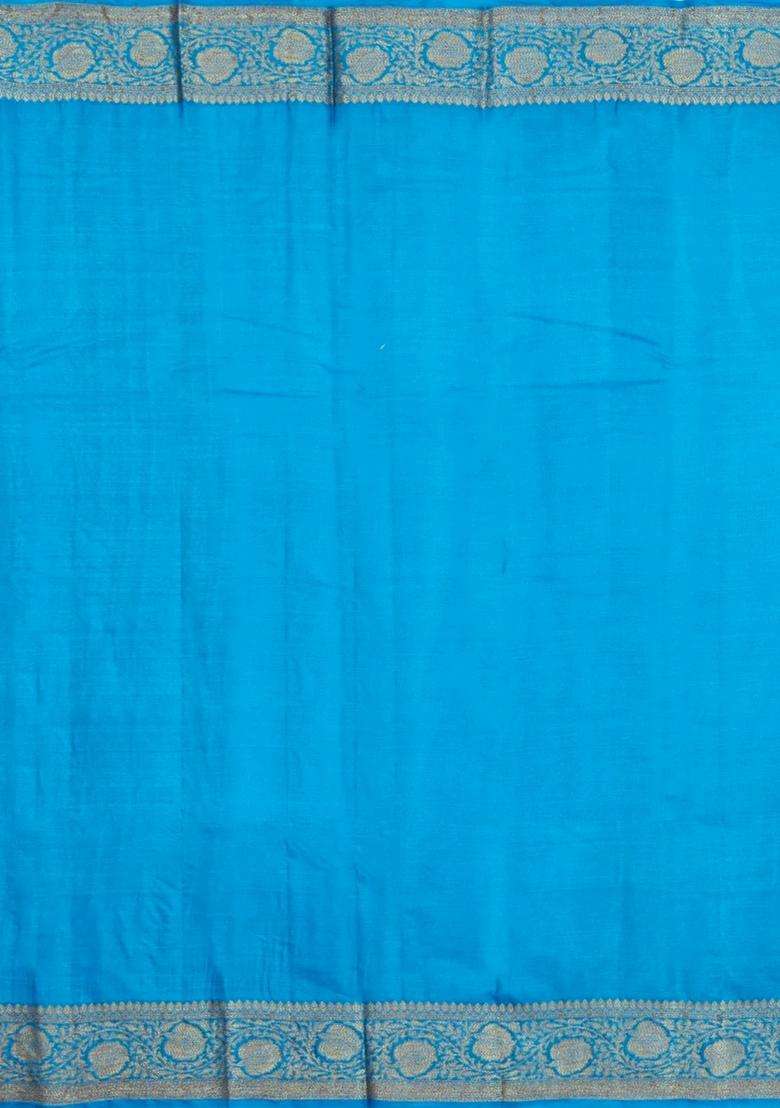 Sky Blue Woven Tussar Silk Saree With Floral Buttas With Buttas And Brocade Design For Women - Indya