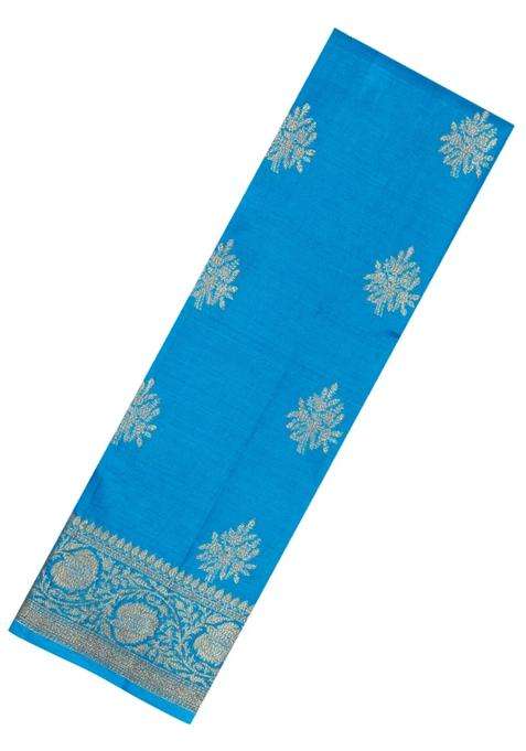 Sky Blue Woven Tussar Silk Saree With Floral Buttas With Buttas And Brocade Design For Women
