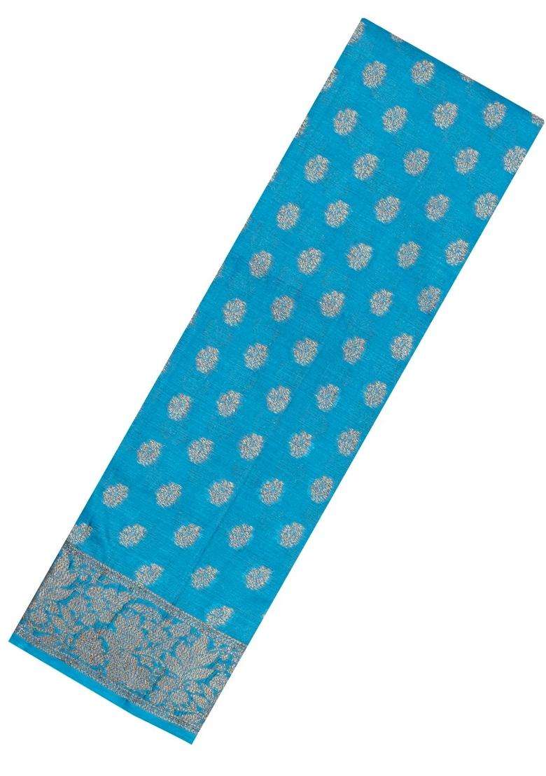 Sky Blue Woven Tussar Silk Saree With Floral Buttas With Buttas And Brocade Design For Women - Indya