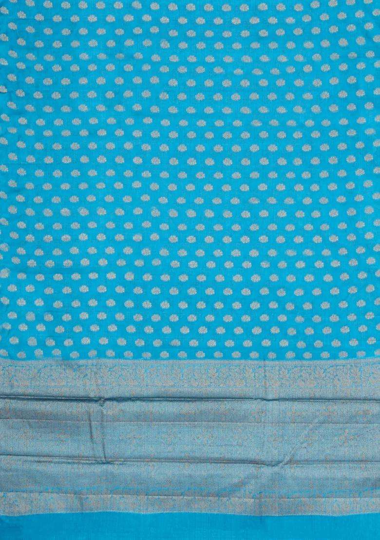 Sky Blue Woven Tussar Silk Saree With Floral Buttas With Buttas And Brocade Design For Women - Indya