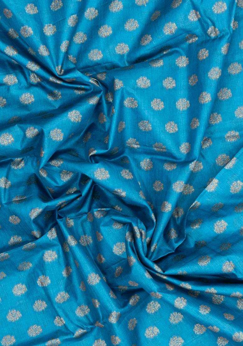 Sky Blue Woven Tussar Silk Saree With Floral Buttas With Buttas And Brocade Design For Women - Indya
