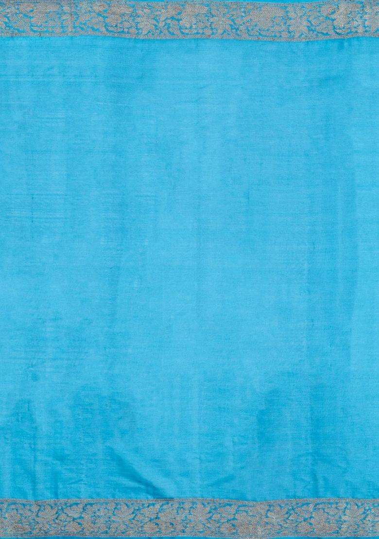 Sky Blue Woven Tussar Silk Saree With Floral Buttas With Buttas And Brocade Design For Women - Indya