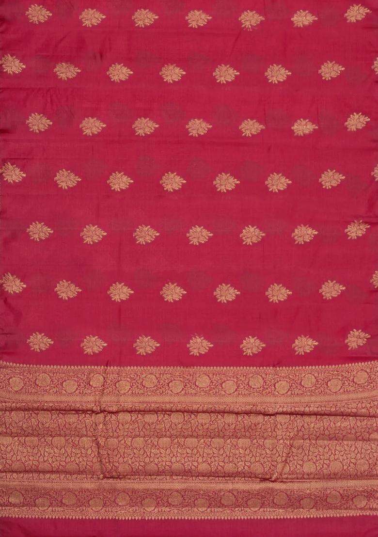 Crimson Woven Tussar Silk Saree With Floral Buttas With Buttas And Brocade Design For Women - Indya