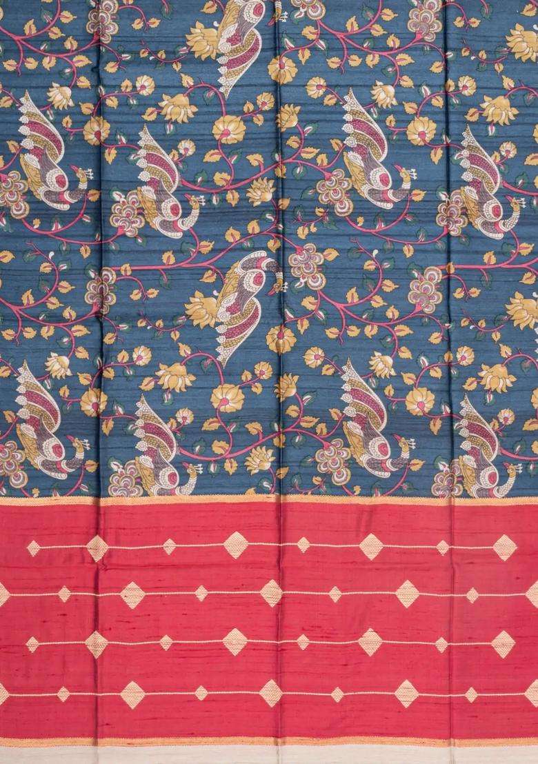 Dark Grey Printed Tussar Silk Saree With Kalamkari Motifs For Women - Indya