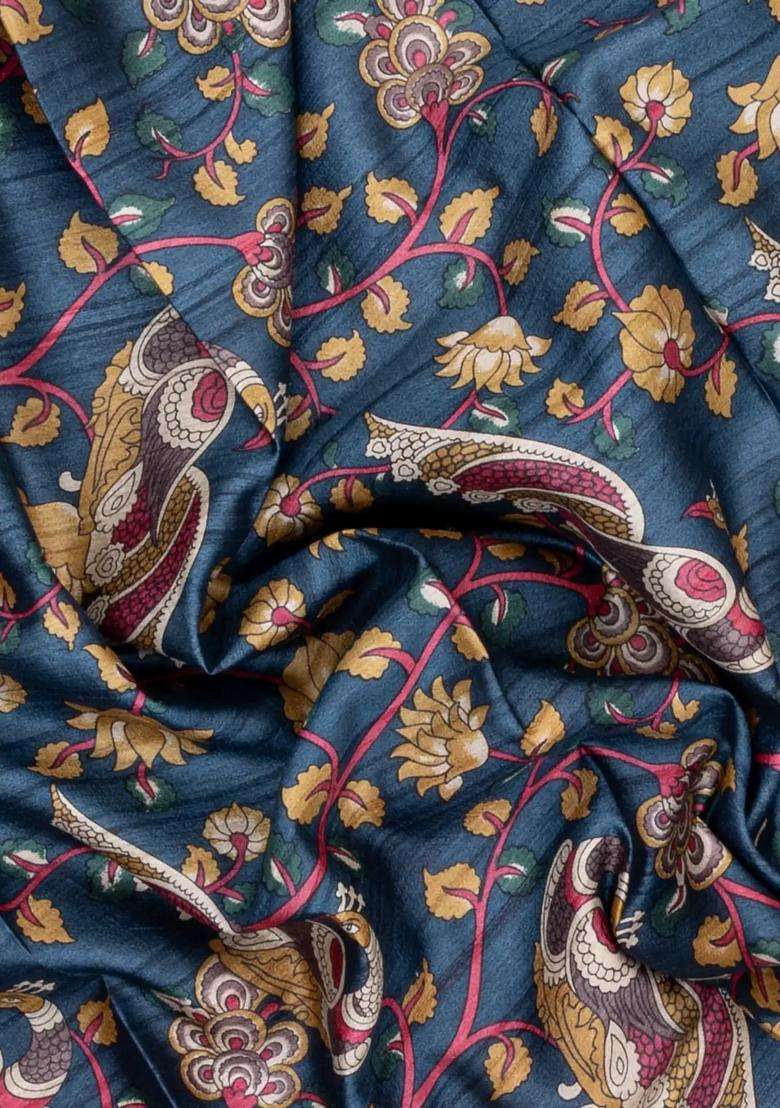 Dark Grey Printed Tussar Silk Saree With Kalamkari Motifs For Women - Indya
