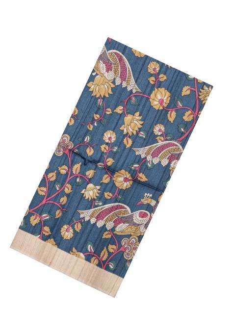 Dark Grey Printed Tussar Silk Saree With Kalamkari Motifs For Women