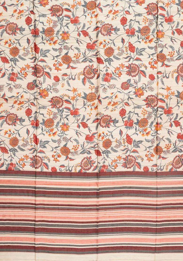 Cream Printed Tussar Silk Saree With Kalamkari Motifs For Women - Indya