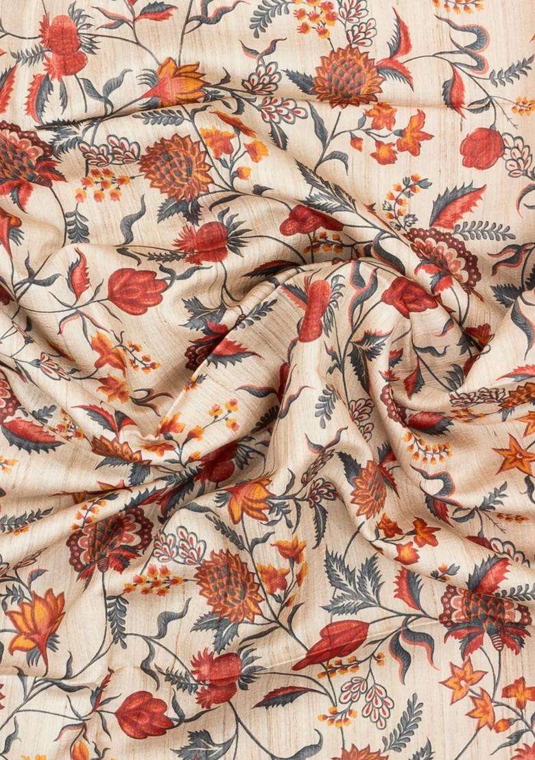 Cream Printed Tussar Silk Saree With Kalamkari Motifs For Women - Indya