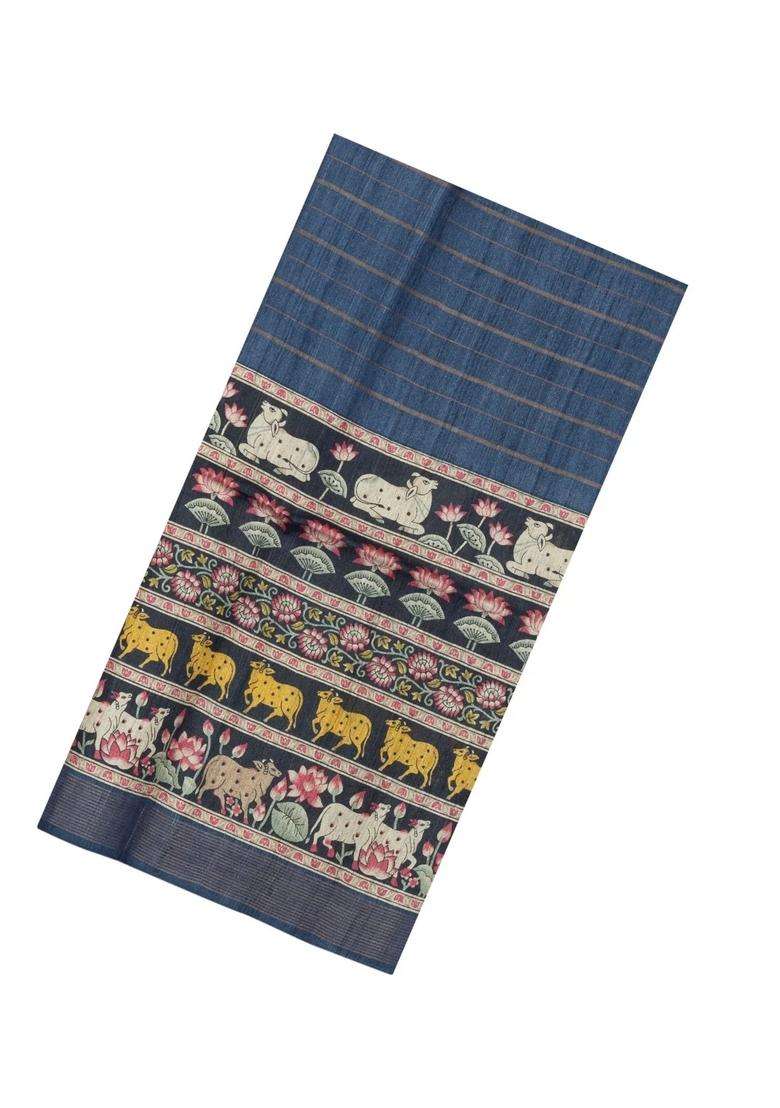 Dark Grey Printed Tussar Silk Saree With Kalamkari Motifs For Women - Indya