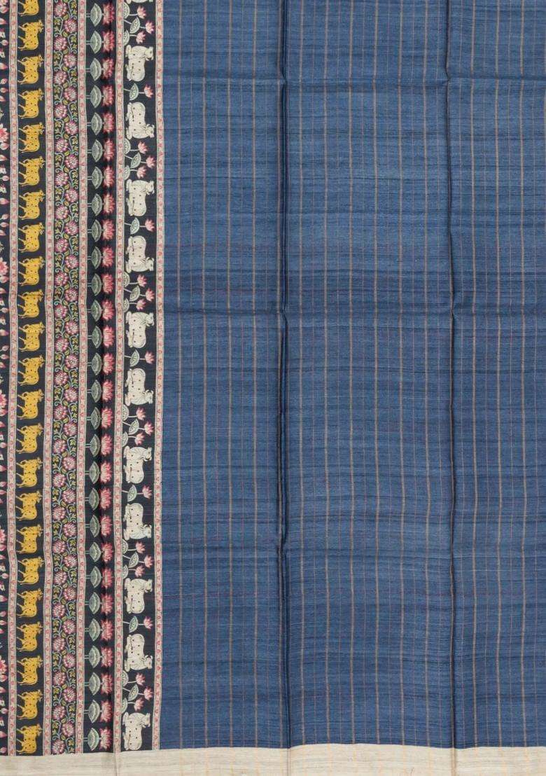 Dark Grey Printed Tussar Silk Saree With Kalamkari Motifs For Women - Indya
