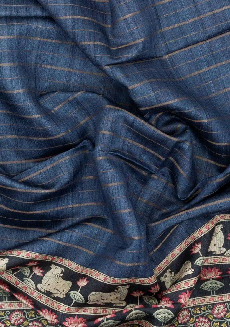Dark Grey Printed Tussar Silk Saree With Kalamkari Motifs For Women - Indya