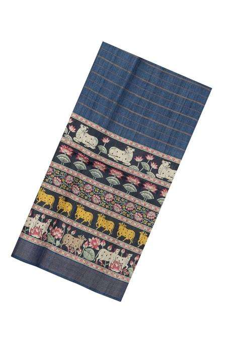 Dark Grey Printed Tussar Silk Saree With Kalamkari Motifs For Women