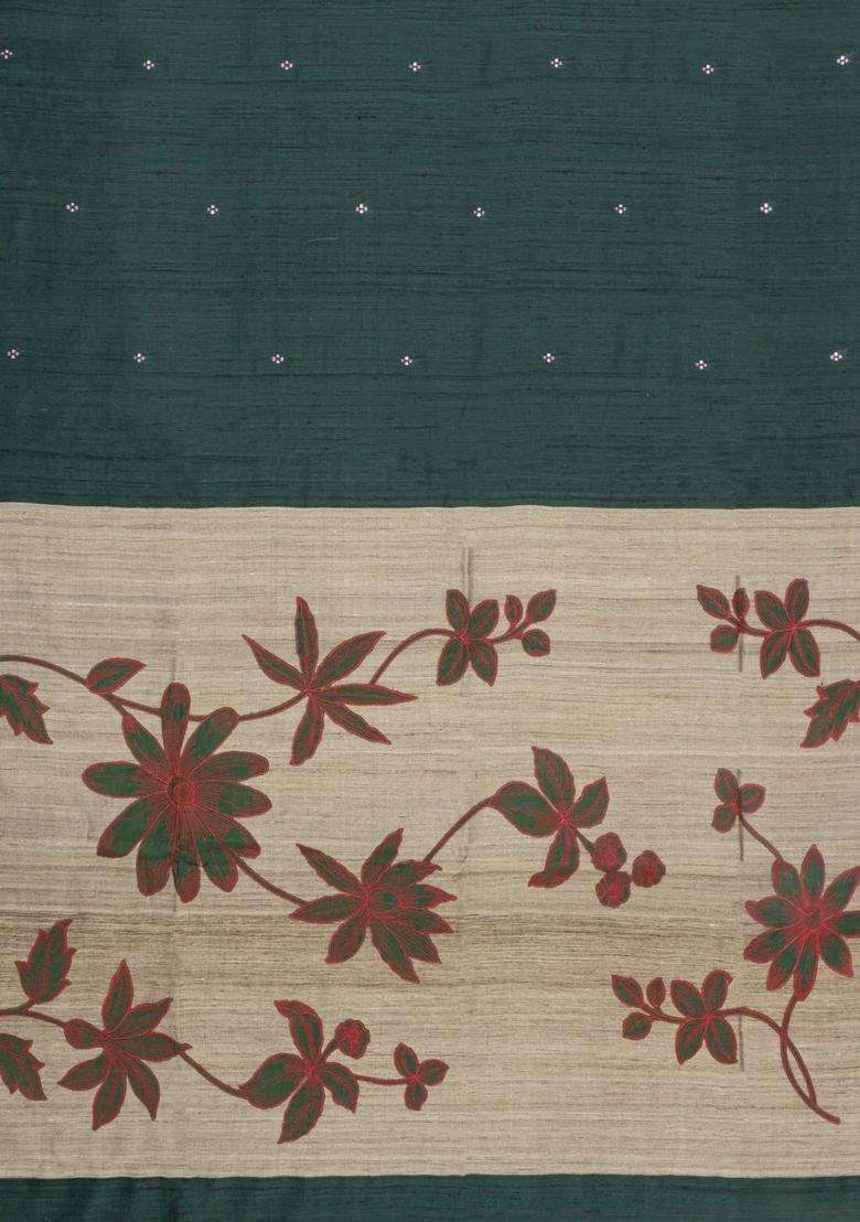 Bottle Green Printed Tussar Silk Saree With Floral Motifs For Women - Indya