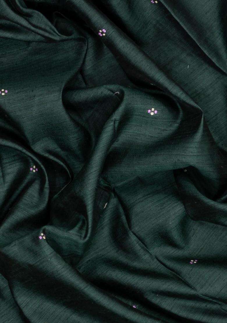 Bottle Green Printed Tussar Silk Saree With Floral Motifs For Women - Indya