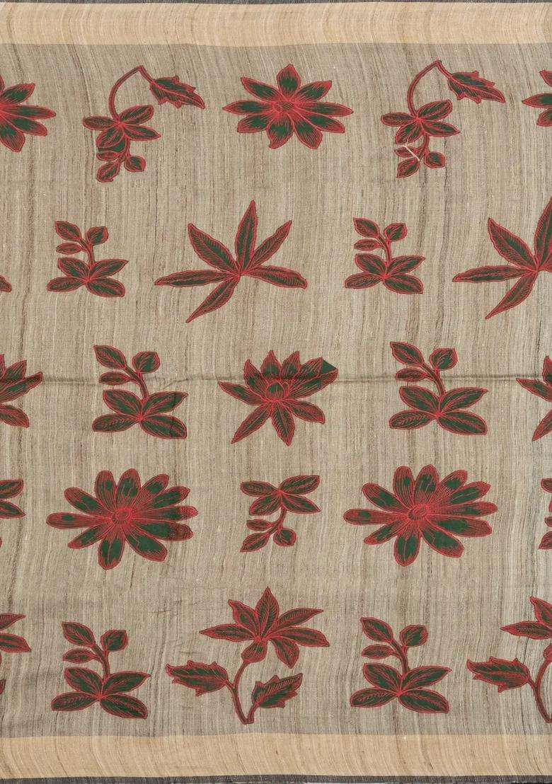 Bottle Green Printed Tussar Silk Saree With Floral Motifs For Women - Indya