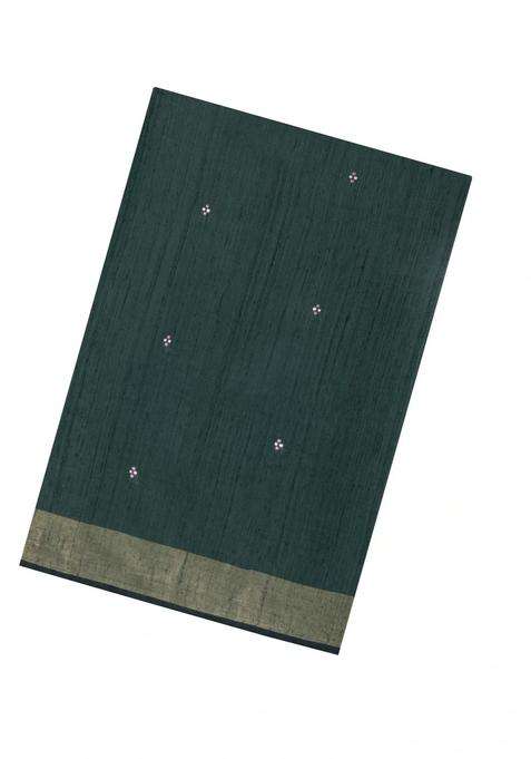 Bottle Green Printed Tussar Silk Saree With Floral Motifs For Women