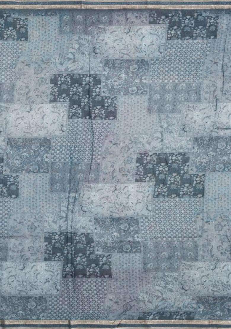 Grey Woven Chanderi Cotton Saree With Printed Motifs For Women - Indya