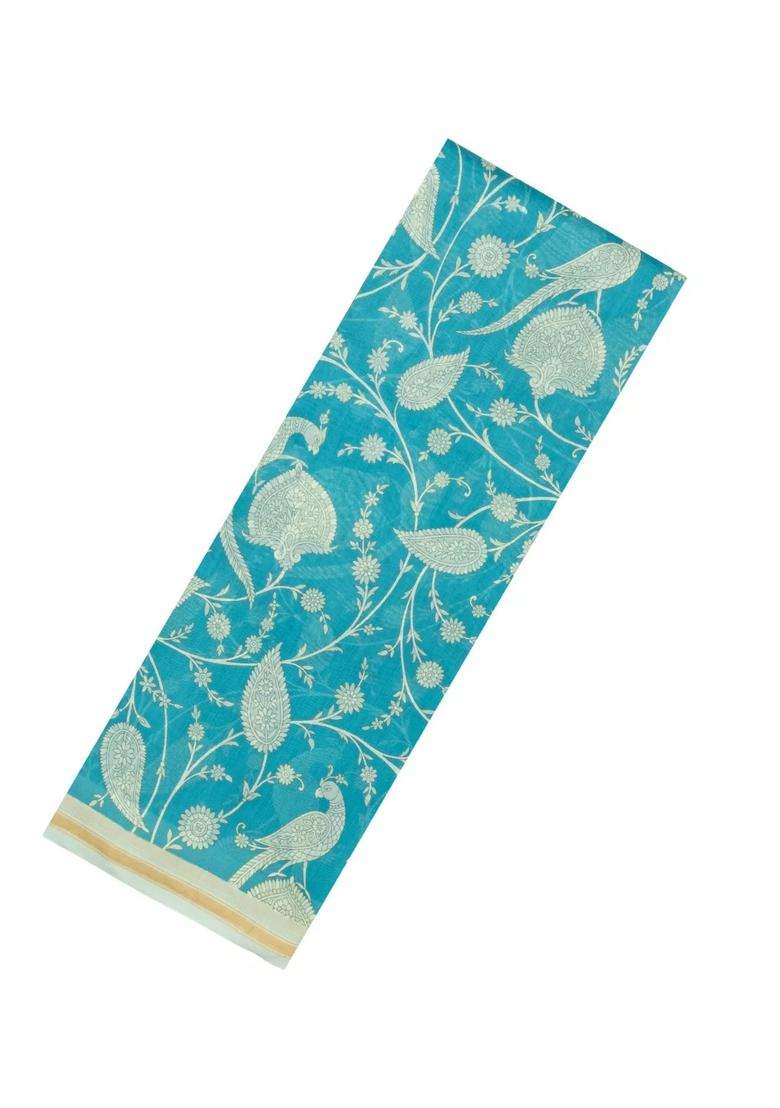 Turquoise Woven Chanderi Cotton Saree With Printed Motifs For Women - Indya