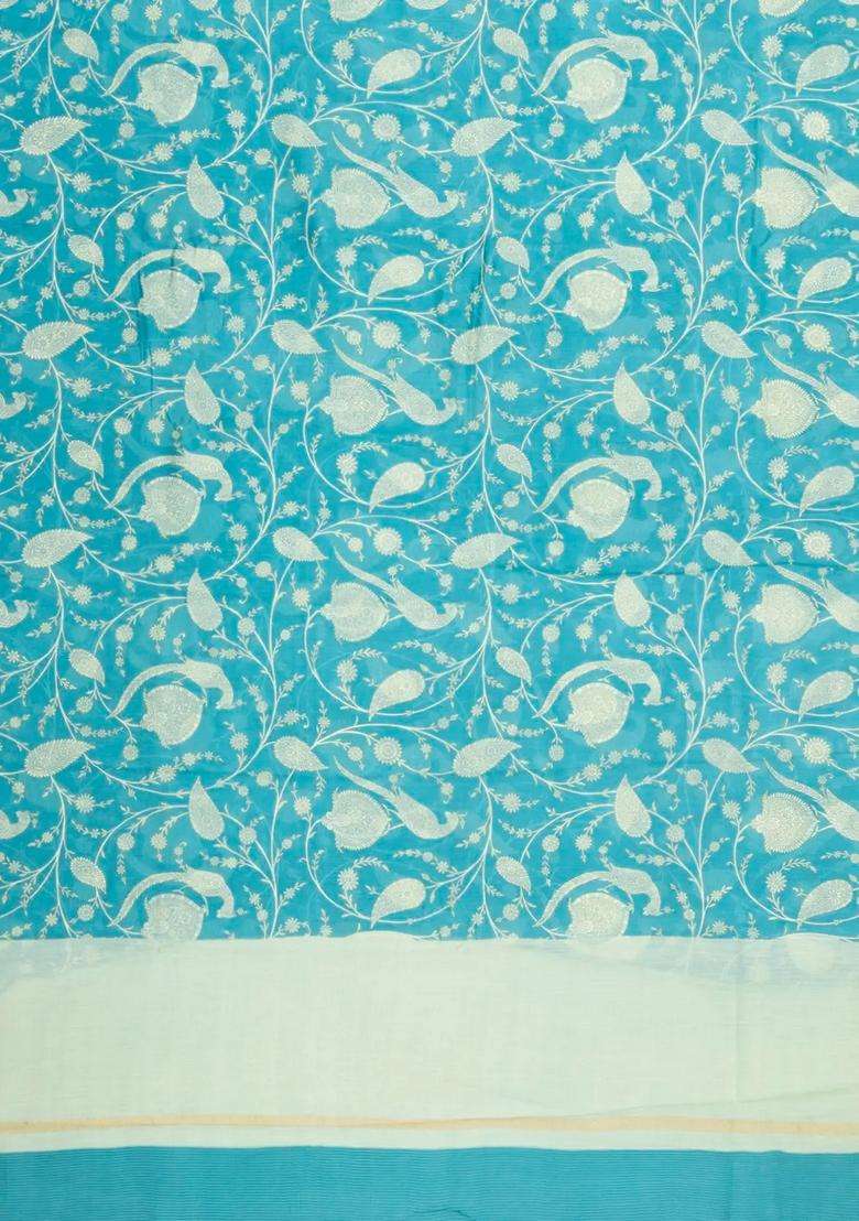 Turquoise Woven Chanderi Cotton Saree With Printed Motifs For Women - Indya
