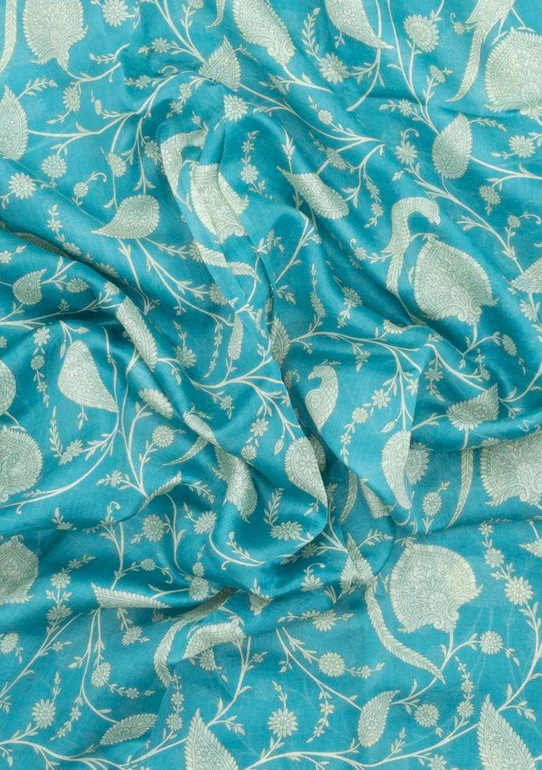 Turquoise Woven Chanderi Cotton Saree With Printed Motifs For Women - Indya