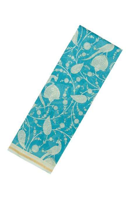 Turquoise Woven Chanderi Cotton Saree With Printed Motifs For Women