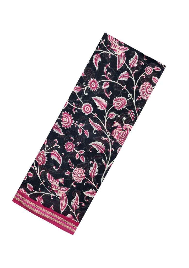 Black Woven Chanderi Cotton Saree With Printed Motifs For Women - Indya