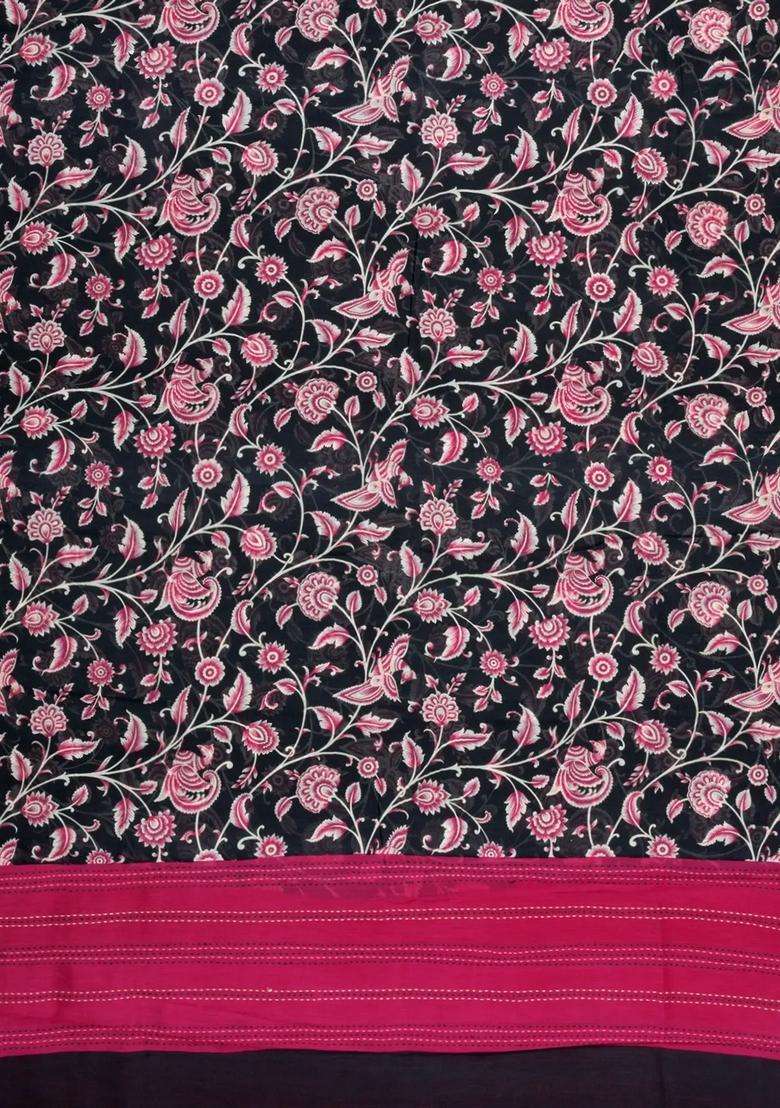 Black Woven Chanderi Cotton Saree With Printed Motifs For Women - Indya