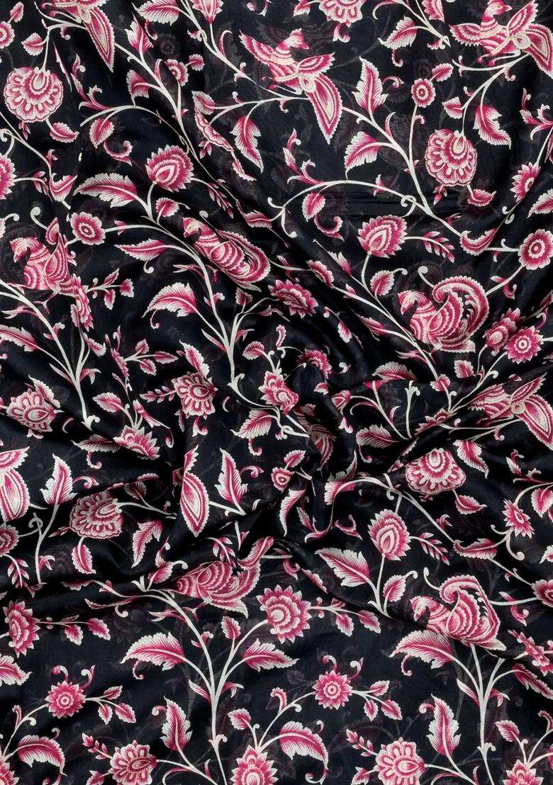 Black Woven Chanderi Cotton Saree With Printed Motifs For Women - Indya