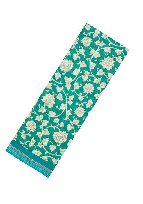 Aquamarine Woven Chanderi Cotton Saree With Printed Motifs For Women