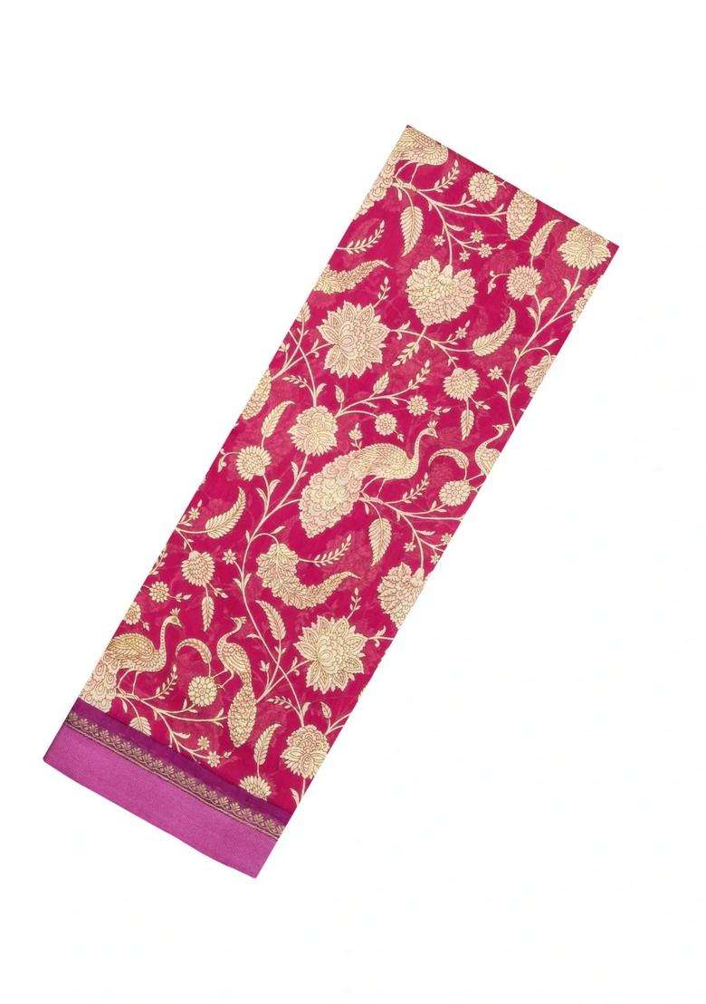 Pink Printed Chanderi Cotton Saree With Peacock Motifs For Women - Indya