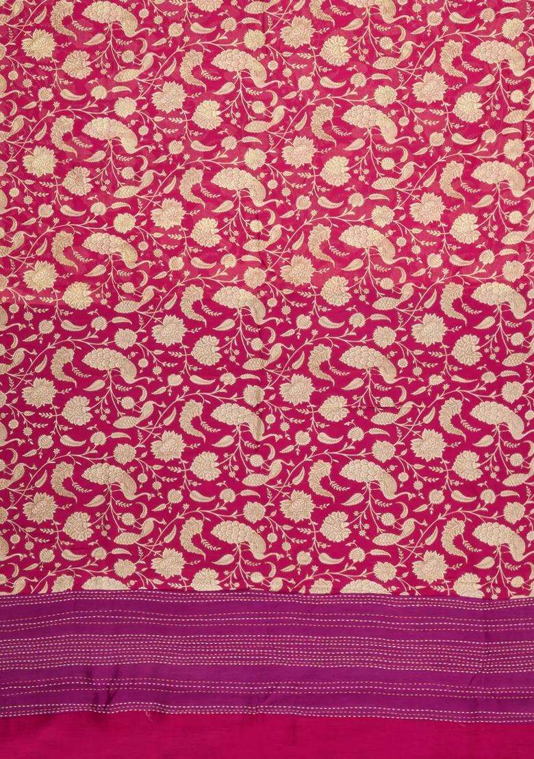 Pink Printed Chanderi Cotton Saree With Peacock Motifs For Women - Indya