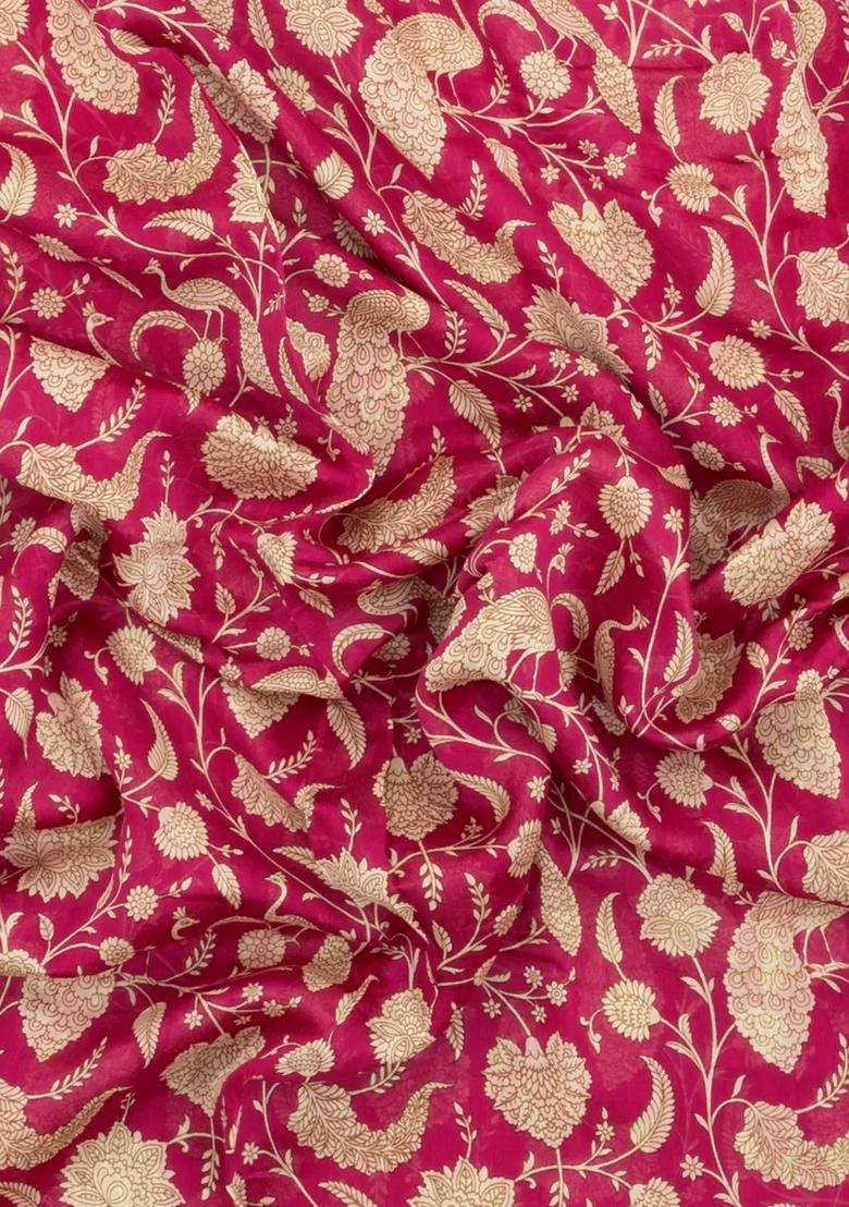 Pink Printed Chanderi Cotton Saree With Peacock Motifs For Women - Indya