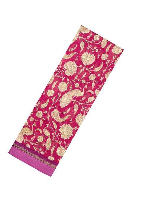 Pink Printed Chanderi Cotton Saree With Peacock Motifs For Women