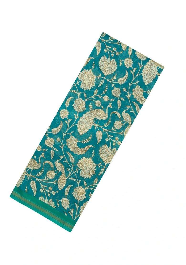 Aquamarine Printed Chanderi Cotton Saree With Peacock Motifs For Women - Indya