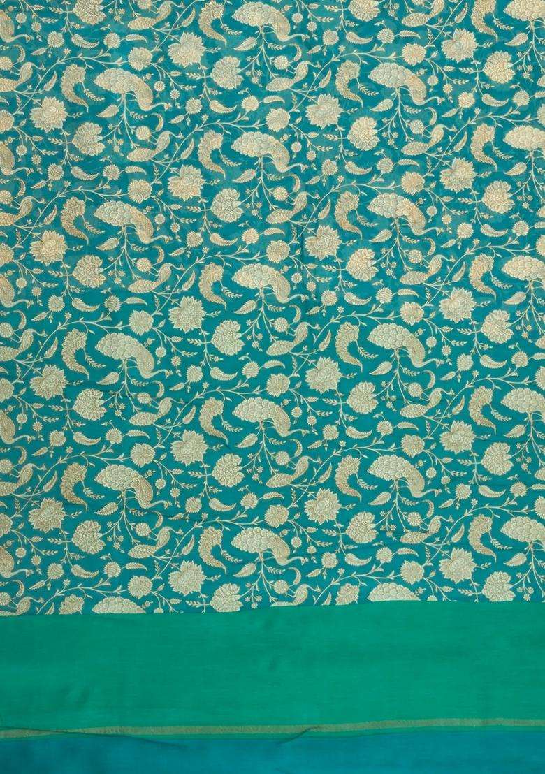 Aquamarine Printed Chanderi Cotton Saree With Peacock Motifs For Women - Indya