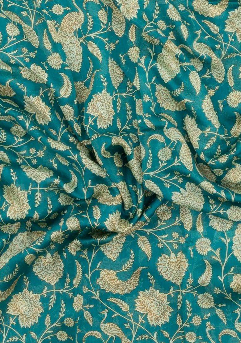 Aquamarine Printed Chanderi Cotton Saree With Peacock Motifs For Women - Indya