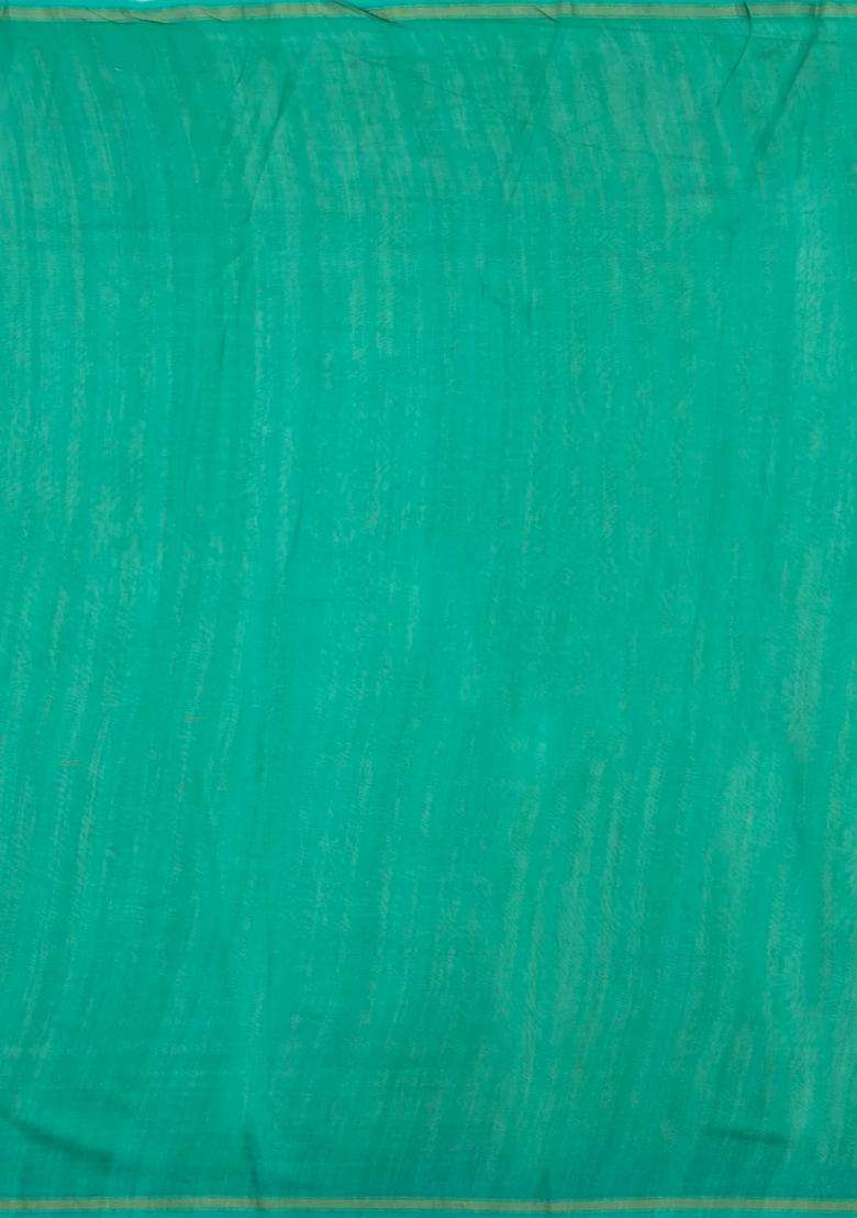 Aquamarine Printed Chanderi Cotton Saree With Peacock Motifs For Women - Indya