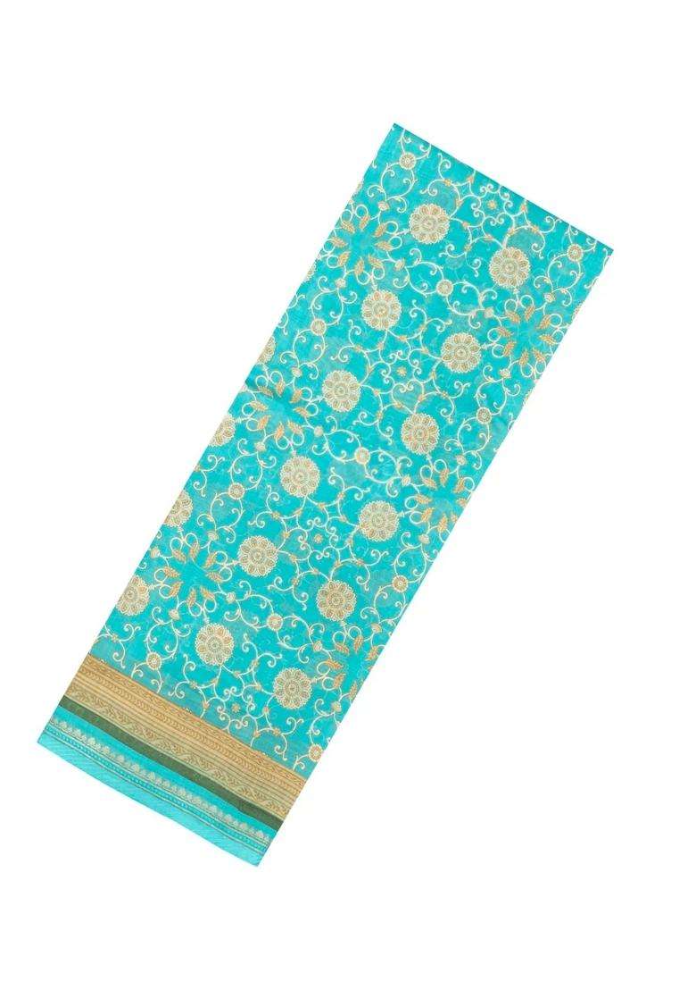 Turquoise Printed Chanderi Cotton Saree With Floral Motifs For Women - Indya