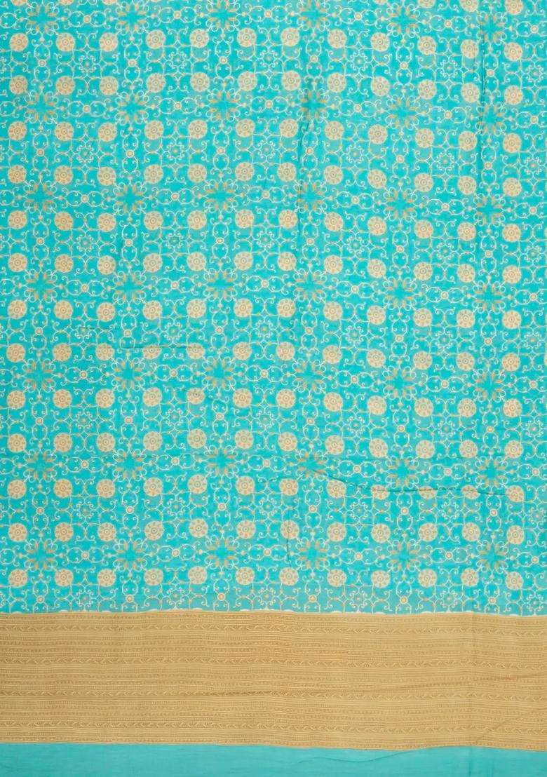 Turquoise Printed Chanderi Cotton Saree With Floral Motifs For Women - Indya