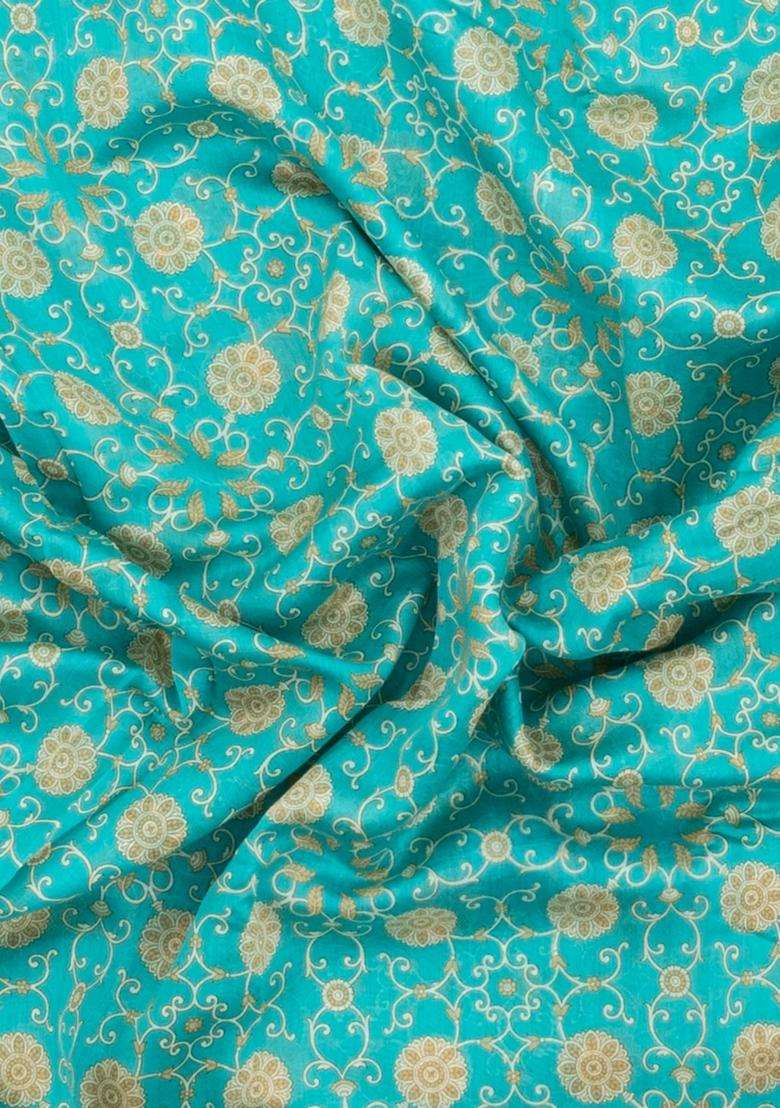 Turquoise Printed Chanderi Cotton Saree With Floral Motifs For Women - Indya