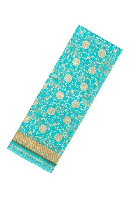 Turquoise Printed Chanderi Cotton Saree With Floral Motifs For Women