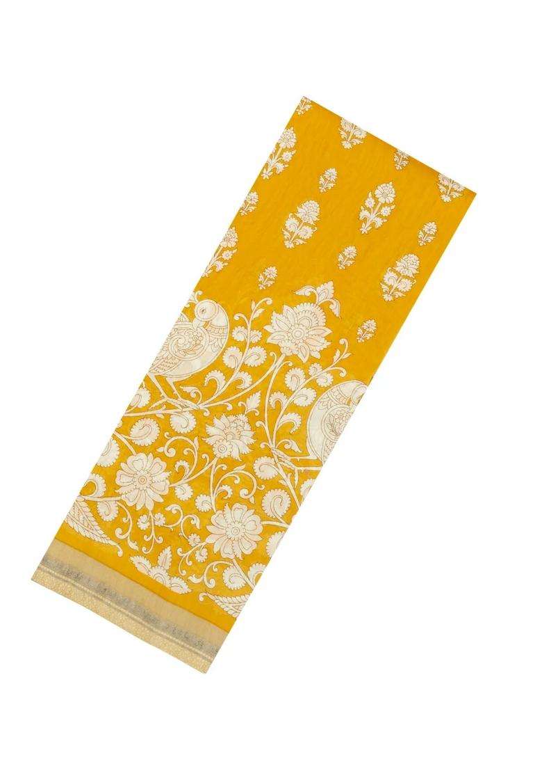 Mustard Printed Chanderi Cotton Saree With Floral Motifs For Women - Indya