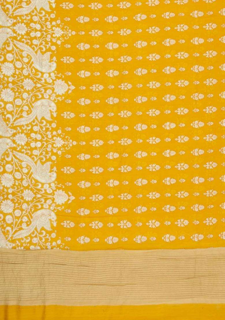 Mustard Printed Chanderi Cotton Saree With Floral Motifs For Women - Indya