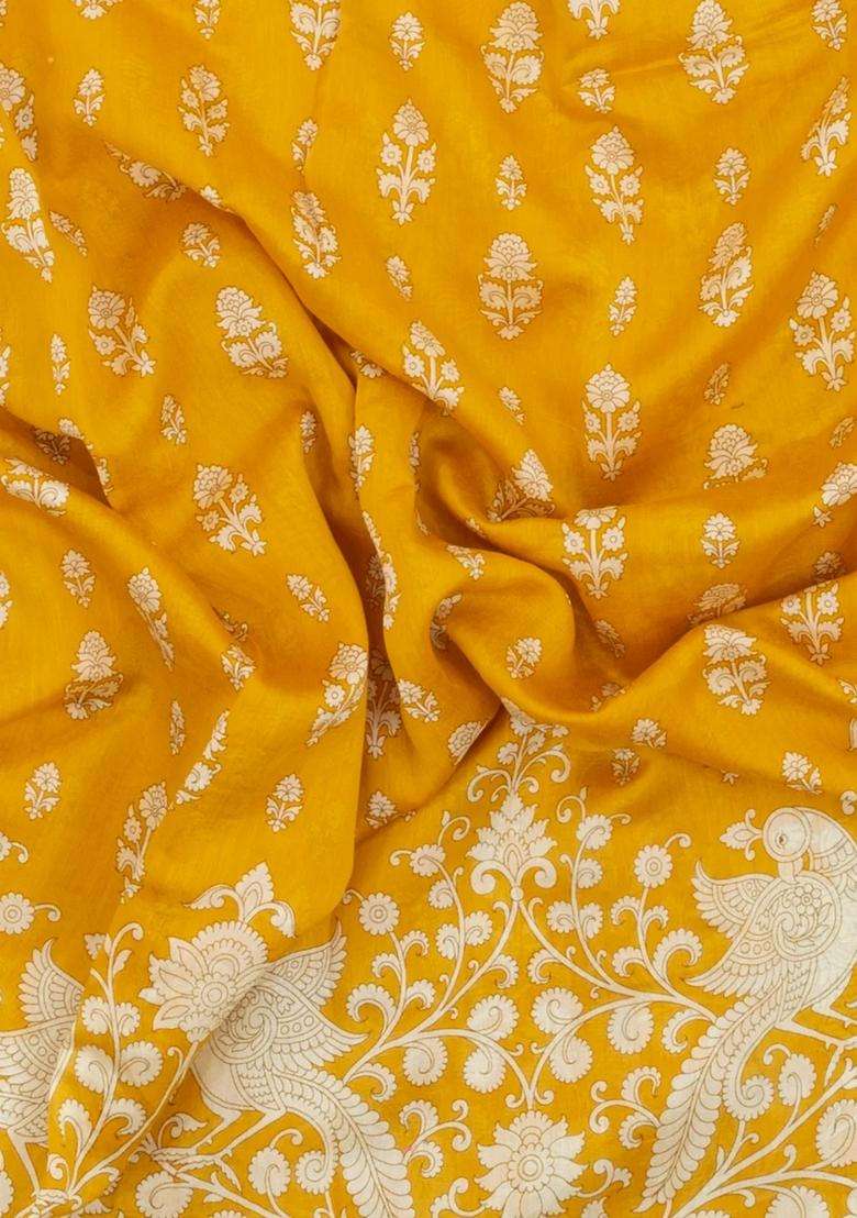 Mustard Printed Chanderi Cotton Saree With Floral Motifs For Women - Indya