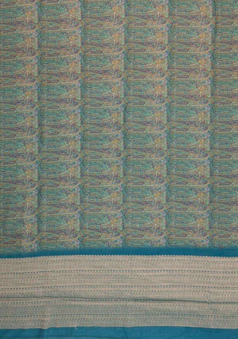 Teal Printed Chanderi Cotton Saree With Floral Motifs For Women - Indya