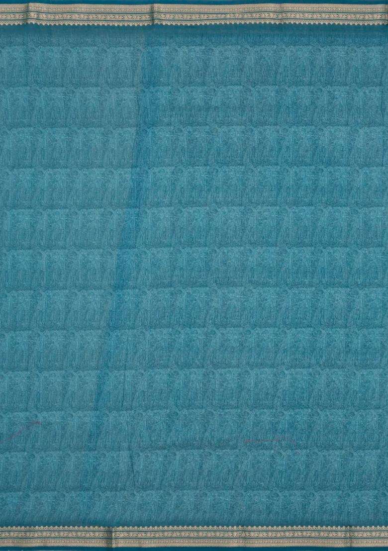 Teal Printed Chanderi Cotton Saree With Floral Motifs For Women - Indya