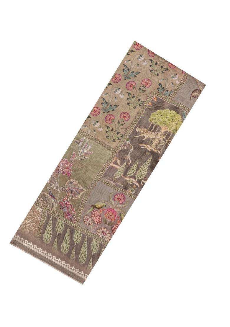 Grey Printed Chanderi Cotton Saree With Floral Motifs For Women - Indya