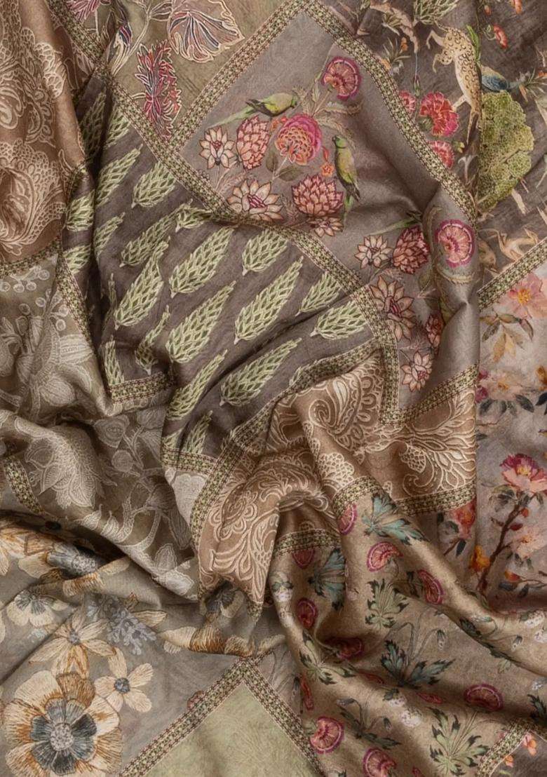 Grey Printed Chanderi Cotton Saree With Floral Motifs For Women - Indya
