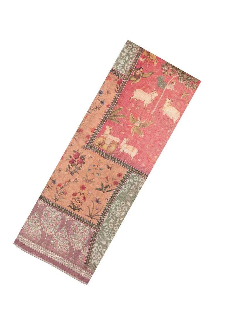 Dusty Pink Printed Chanderi Cotton Saree With Floral Motifs For Women - Indya